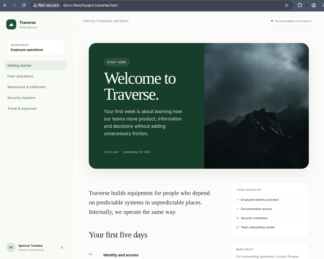 Traverse documentation dashboard after login