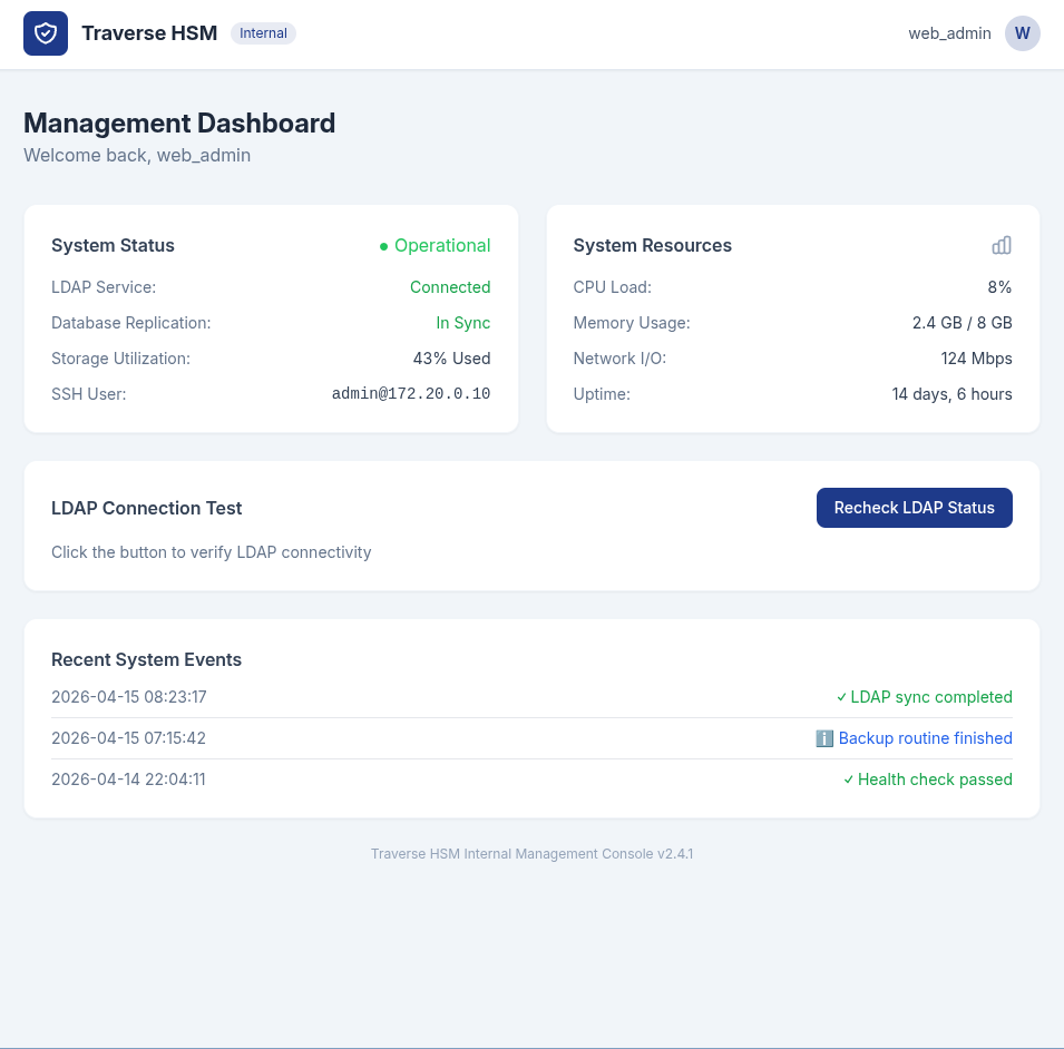 Management dashboard showing system status and SSH user