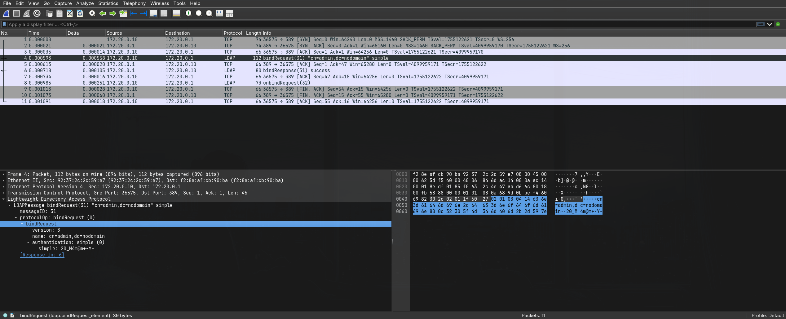 Wireshark capture showing LDAP simple bind with rootDN credentials